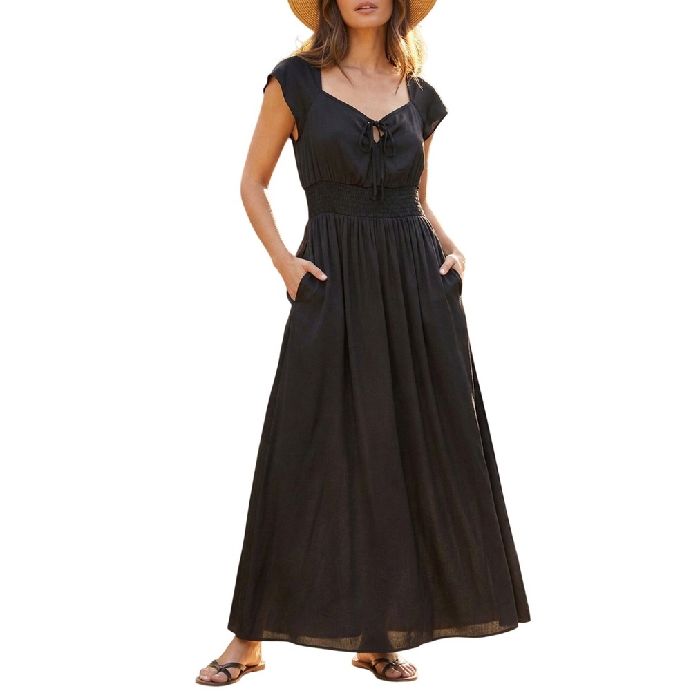 Ryegrass Black Maxi Dress Sleeveless Smocked Waist Tie‎ Front Pockets Womens